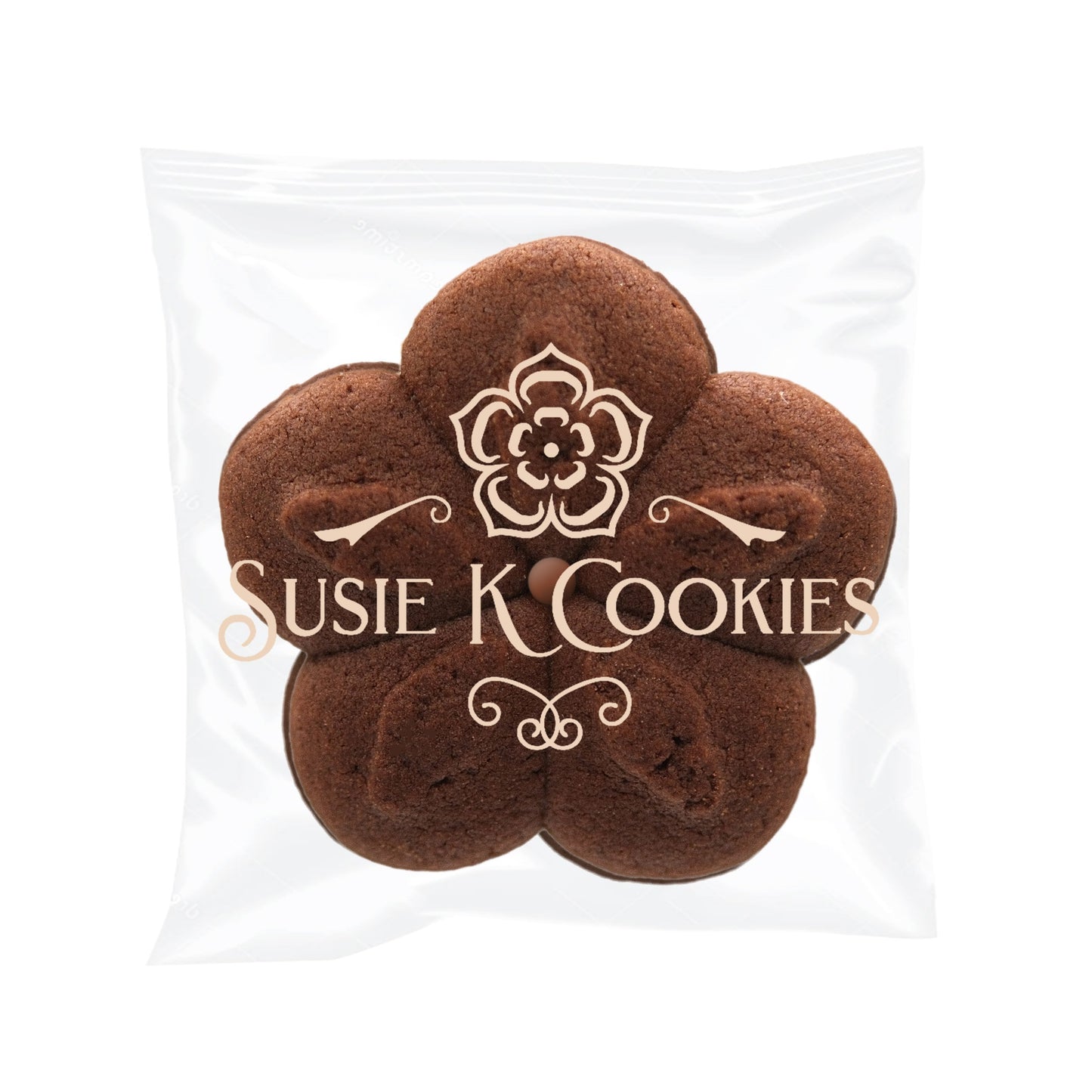 Double chocolate cookie sandwich in elegant Susie K Cookies packaging with blush branding