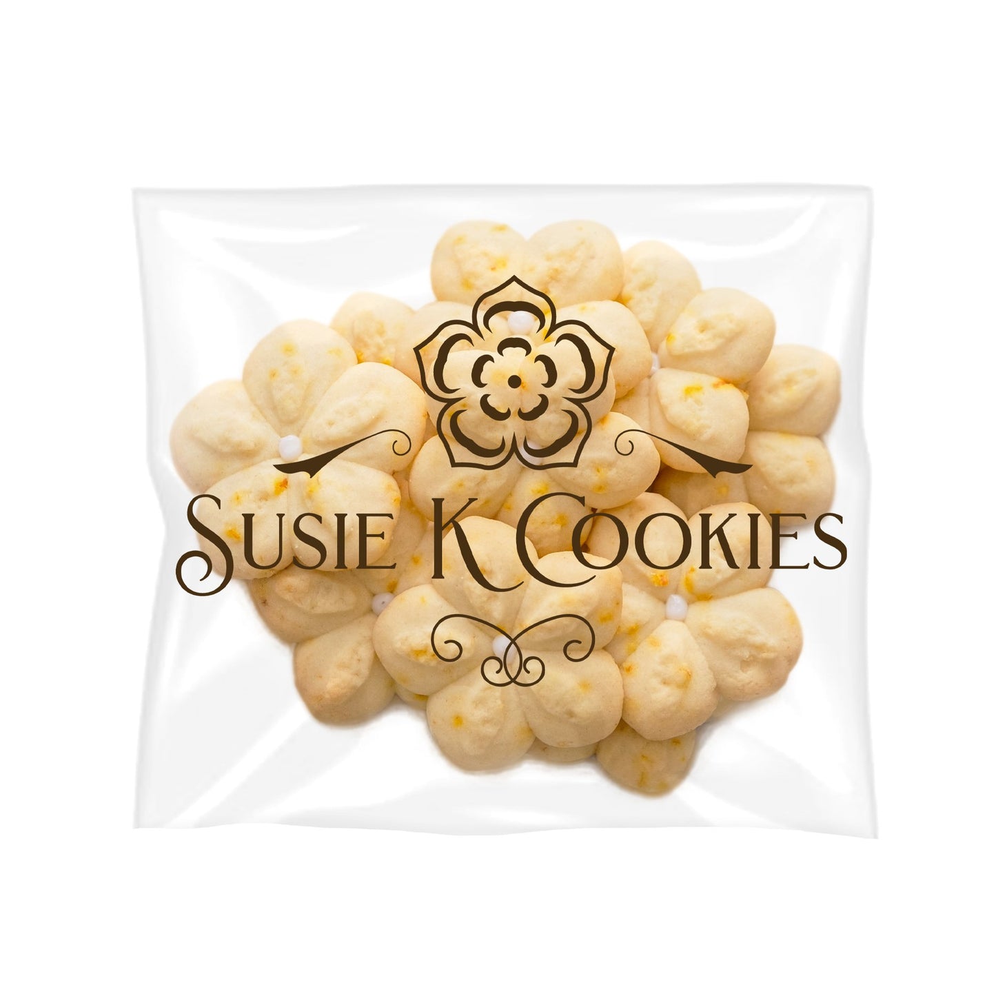 Bag of 10 Simply Susie's Cookies with elegant purple logo—vanilla and citrus zest cookies, classic and unadorned.