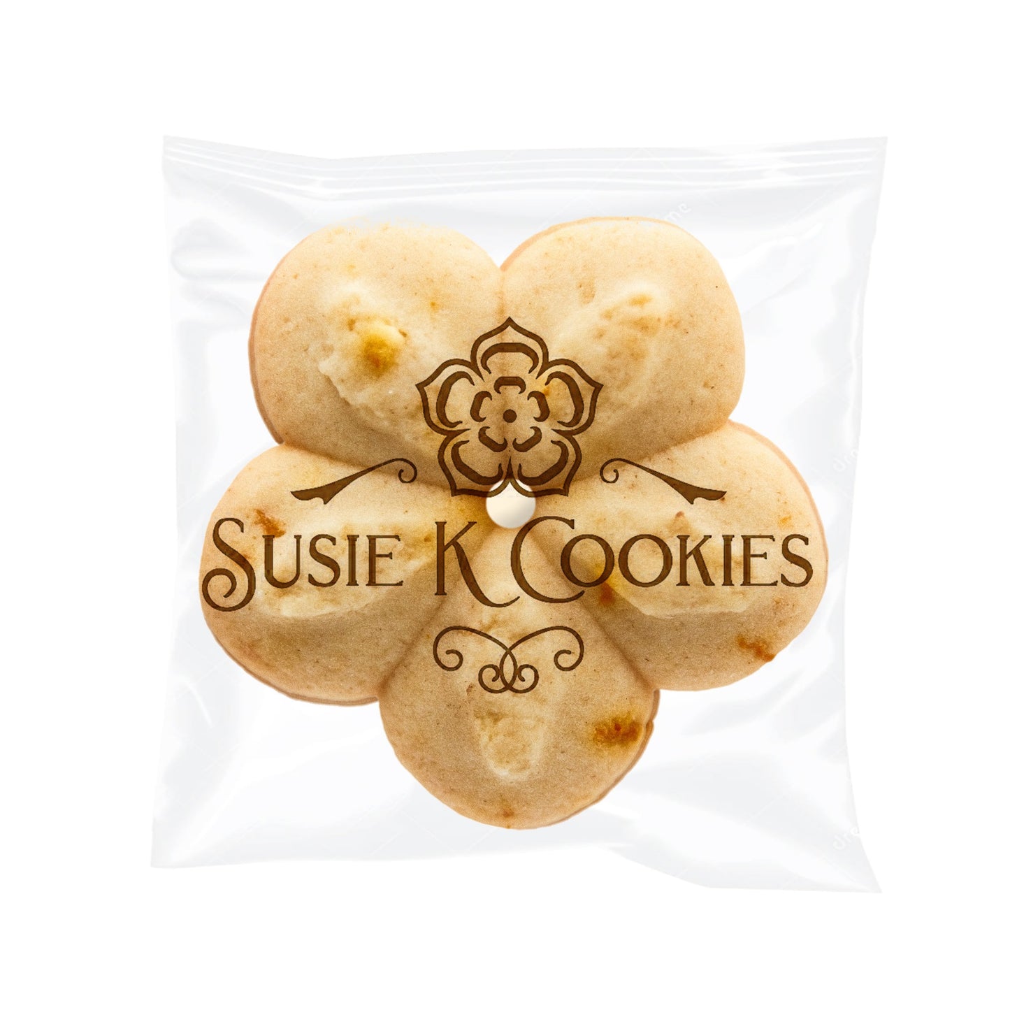 Signature Susie K Cookie individually wrapped in elegant packaging with purple script—vanilla cookie with citrus zest and apricot jam.