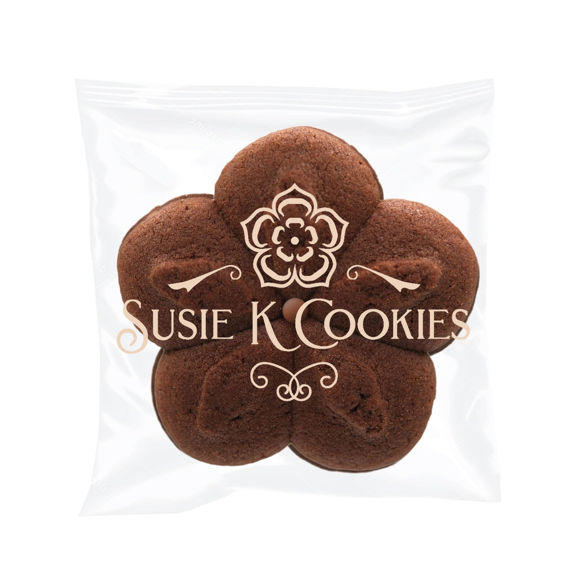 Double chocolate cookie sandwich in elegant Susie K Cookies packaging with blush branding