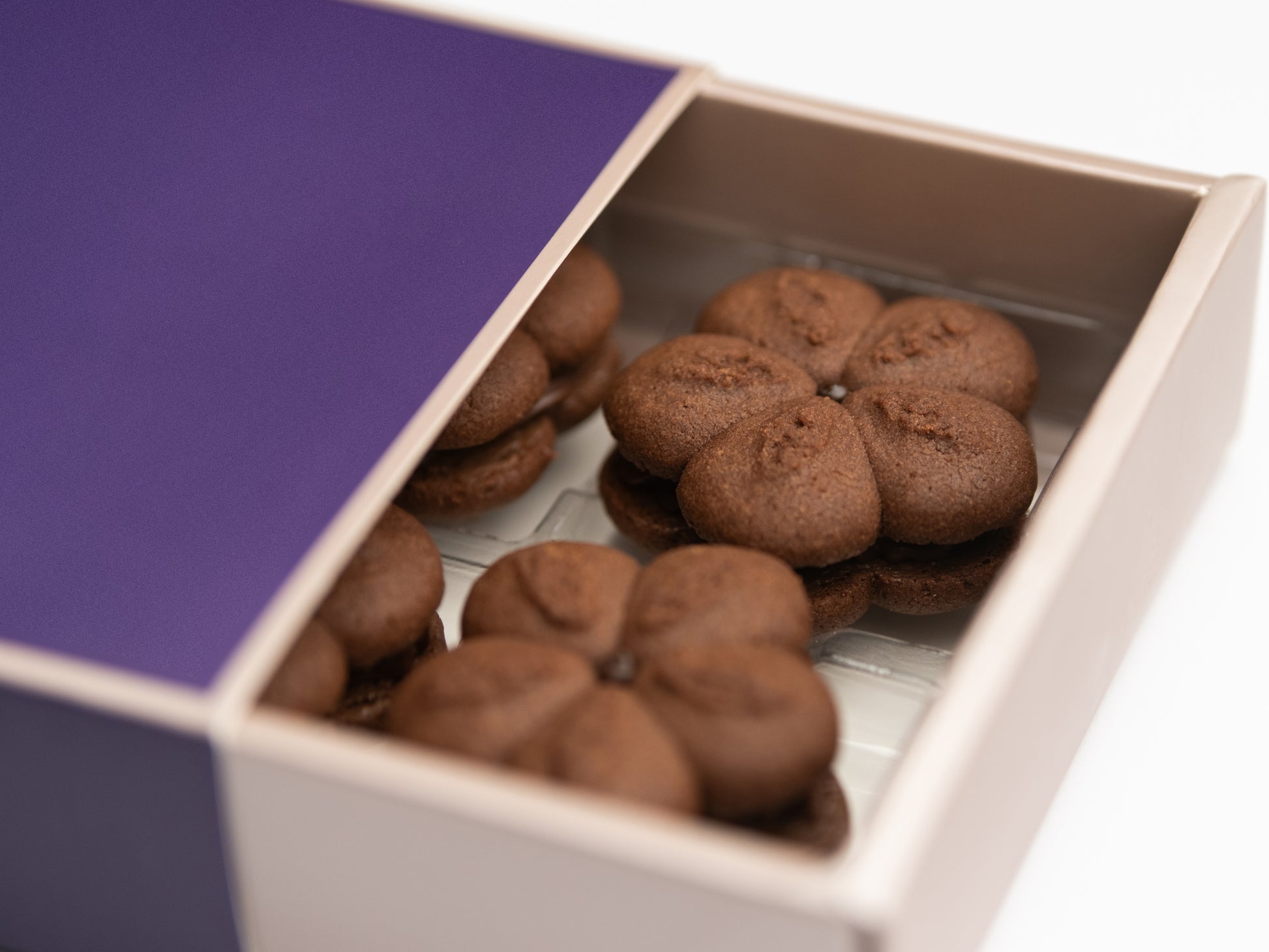 Close-up of decadent double chocolate cookies with glossy brushed chocolate and creamy ganache filling.