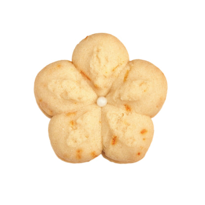 Front view of the Signature Susie K Cookie—two golden vanilla cookies filled with apricot jam and citrus zest.